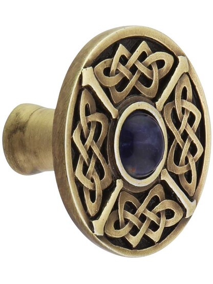 Celtic Jewel Knob Inset with Blue Sodalite in Antique Brass.